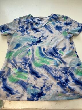 ScrubStar Large Blue Green White Tye Dye Short Sleeve V Neck Scrub Top
